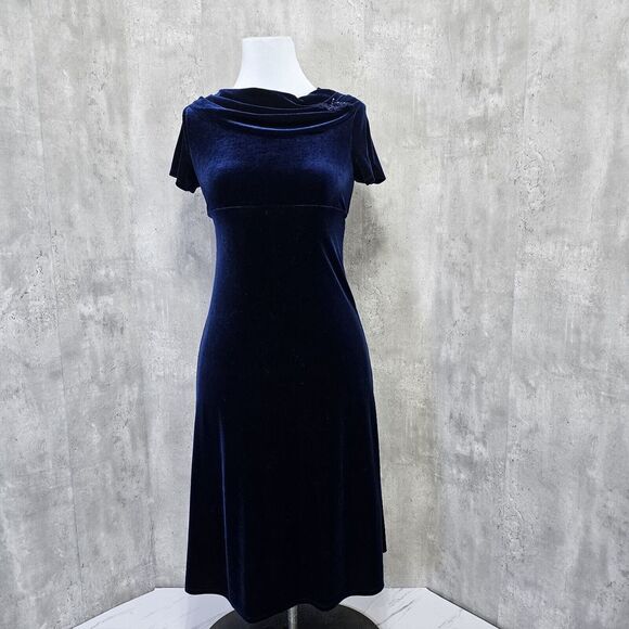 Vintage 90s Amy Byer California M/L Dark Blue Velvet Cowl‎ Neck S/S Dress - Picture 1 of 10